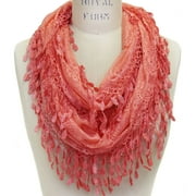 Women's Delicate Lace Infinity Scarf with Teardrop Fringes (Coral)