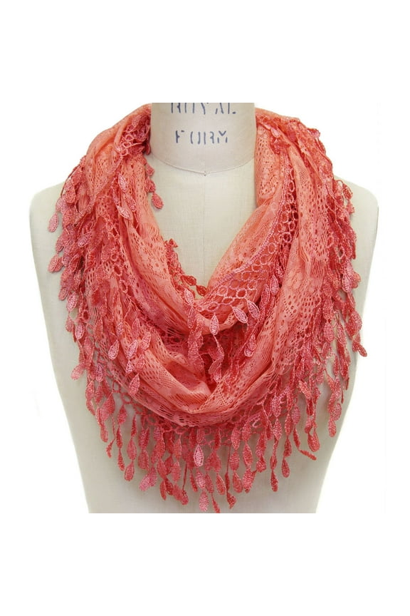 Women's Delicate Lace Infinity Scarf with Teardrop Fringes (Coral)