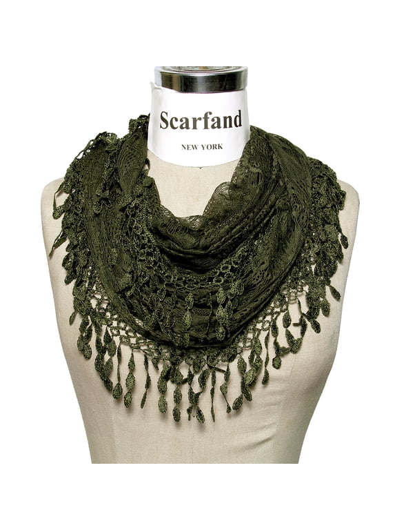 Women's Delicate Lace Infinity Scarf with Teardrop Fringes (Olive)