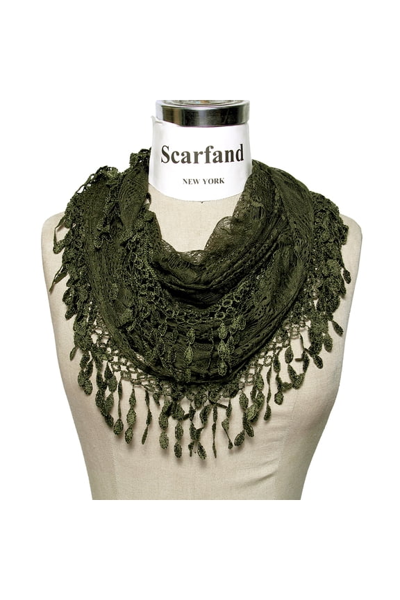 Women's Delicate Lace Infinity Scarf with Teardrop Fringes (Olive)