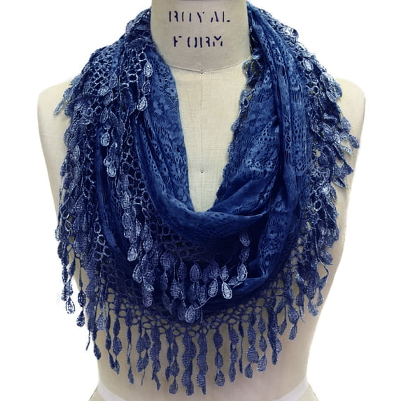 Women's Delicate Lace Infinity Scarf with Teardrop Fringes