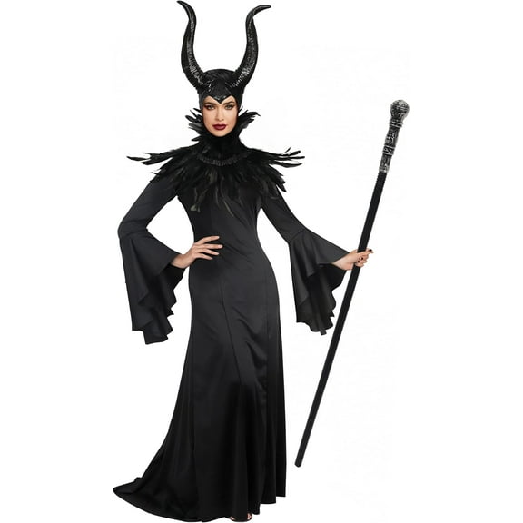 Women's Deluxe Adult Black Gown Costume Feather Cape Shawl with Horns