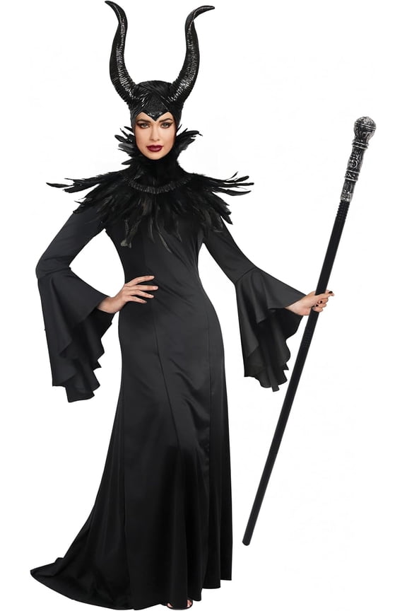 Women's Deluxe Adult Black Gown Costume Feather Cape Shawl with Horns
