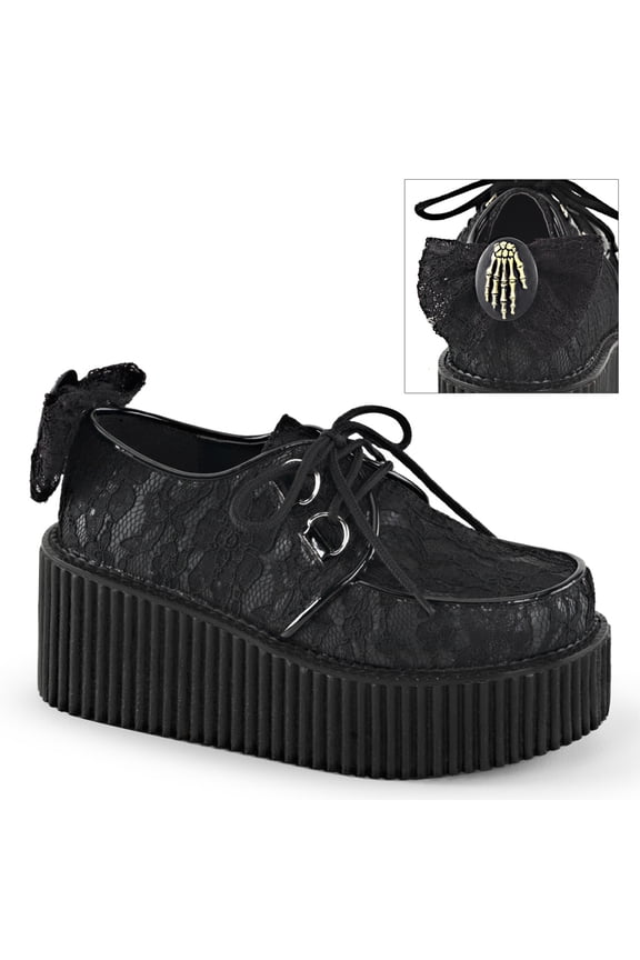 3" PF Lace-Overlay Creeper w/Bow & Skeleton Hand Detail - Blk Vegan Leather-Lace, 7