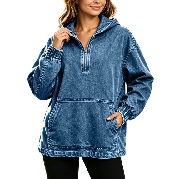 Women's Denim 1/4 Zipper Long Sleeve Top And Loose Tops With Pockets Hooded or Hood‑less or Mock Neck Denim Jackets for Women