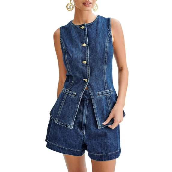 Women's Denim 2 Piece Set Casual Business Sleeveless Jean Blazer Vest Tops and Shorts Outfit Tracksuits