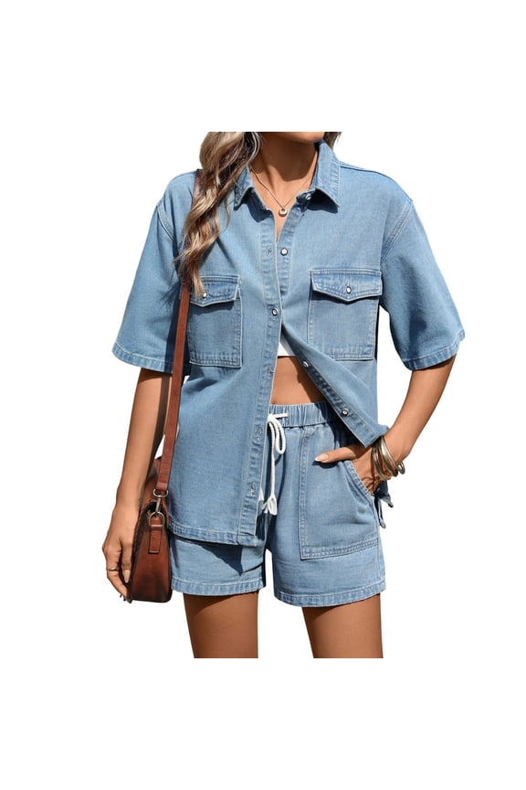 Women's Denim 2 Piece Short Sets Lapel Pocket Short Sleeve Button Shirt Jean Shorts Casual Outfits Streetwear
