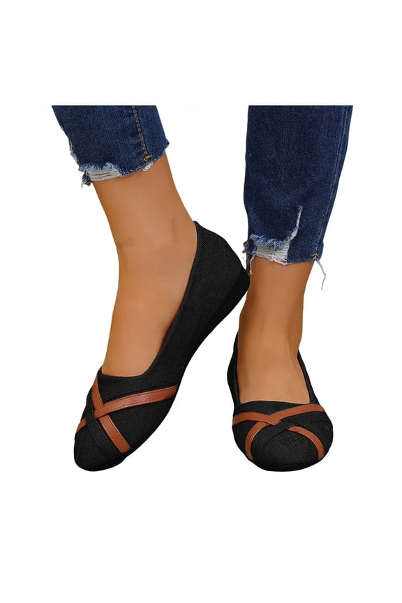 Women's Denim Ballet Flats Dress Shoes Spring Casual Fashion Color Block Strappy Canvas Jeans Casual Slip on Loafers