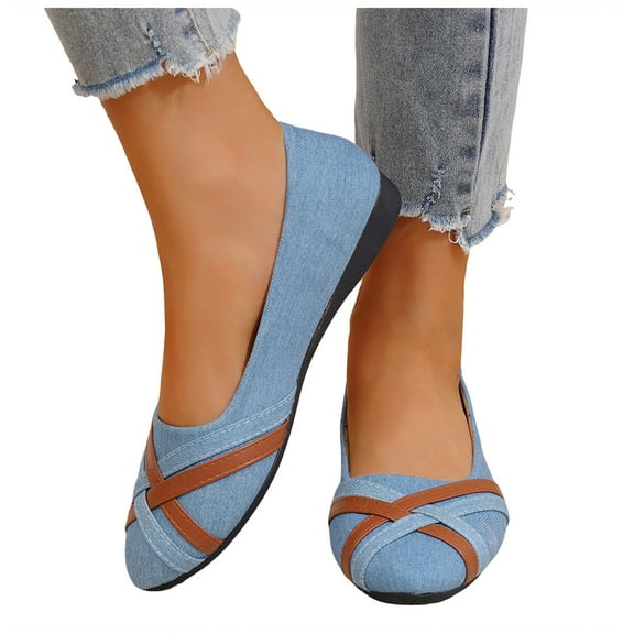 Women's Denim Ballet Flats Dress Shoes Spring Casual Fashion Color Block Strappy Canvas Jeans Casual Slip on Loafers