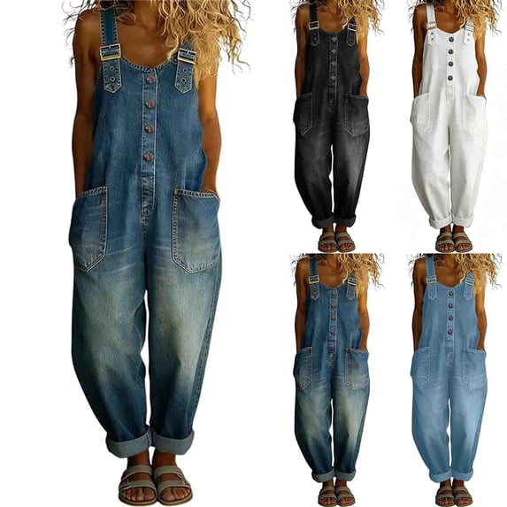 Women's Denim Bib Overall Pants Button Front Wide Leg Jean Jumpsuits Vintage Loose Romper Blue XL(XL)