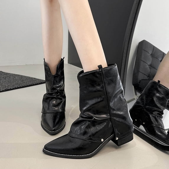 Women's Denim Block Heel Fold Over Knee Boots Fashion Pull Low Chunky Heel Casual Long Boots Wide Calf Boots