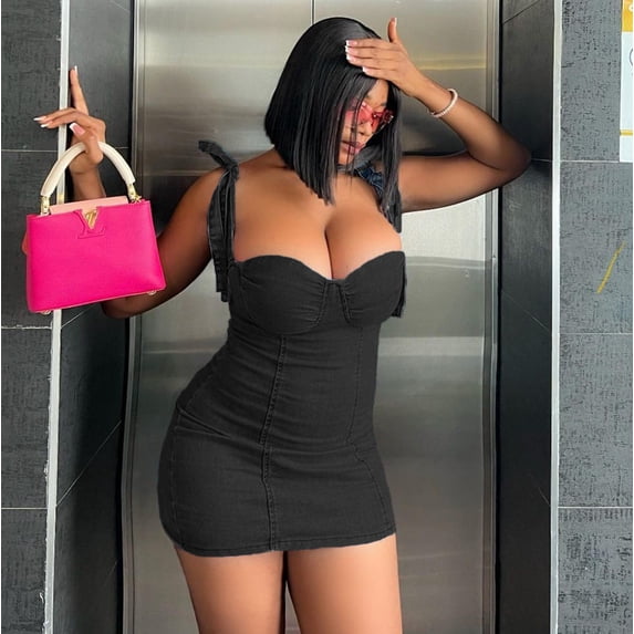 Women's Denim Bodycon Mini Dress, Spaghetti Strap Ruched Summer Dress