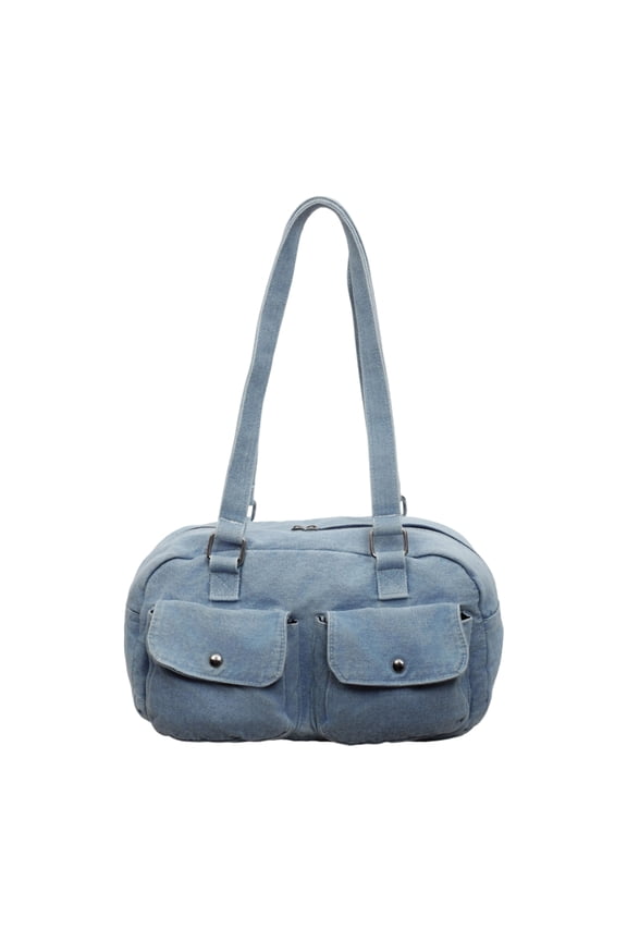 Women's Denim Bowler Bag with Two Magnetic Snap Front Flap Pockets Zippered Main Compartment Inner Zipper Pocket Fixed Top Handle Lightweight Hobo Tote for Daily Work Travel