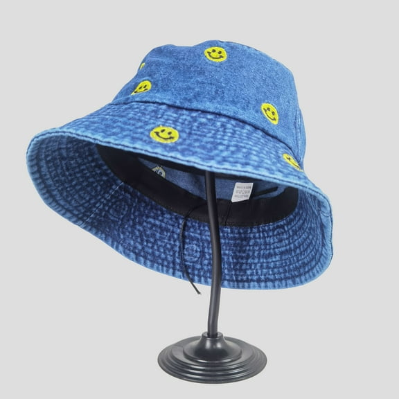 Women's Denim Bucket Hat Foldable with Smiley Face Embroidery- Dark Blue