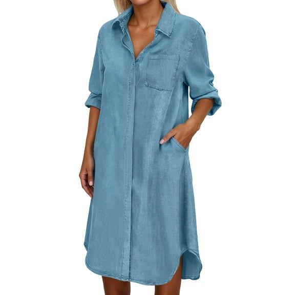 Women's Denim Button Down Dress Long Sleeve Loose Fit Casual V Neck Pocket Midi Shirt Dress for Everyday Wear