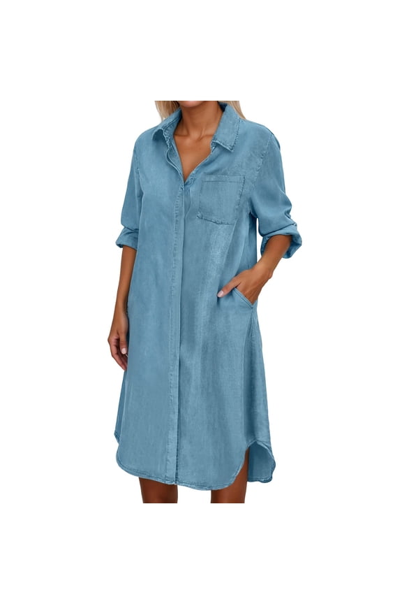 Women's Denim Button Down Dress Long Sleeve Loose Fit Casual V Neck Pocket Midi Shirt Dress for Everyday Wear