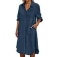 thumbnail image 1 of Women's Denim Button Down Dress Long Sleeve Loose Fit Casual V Neck Pocket Midi Shirt Dress for Everyday Wear, 1 of 2