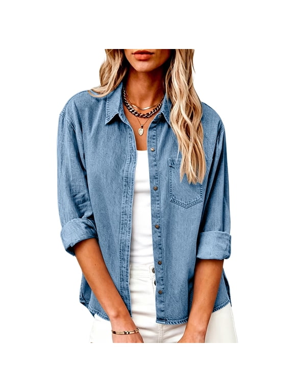 Women's Denim Button Down Long Sleeve Jean Shirt Casual Chest Pocket Tops Lightweight Fall Winter Clothes Royal Blue S