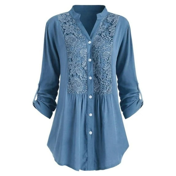 Women's Denim Button Down Shirt Lace Crochet V Neck Long Sleeve Blouses Casual Loose Work Office Tee Shirt Tunic Tops, 2025