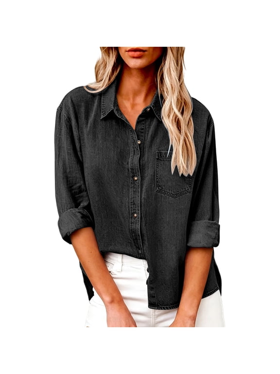 Women's Denim Button Down Shirt, Long Sleeve Casual Chambray Shirt Jacket with Collared Neck and Pockets