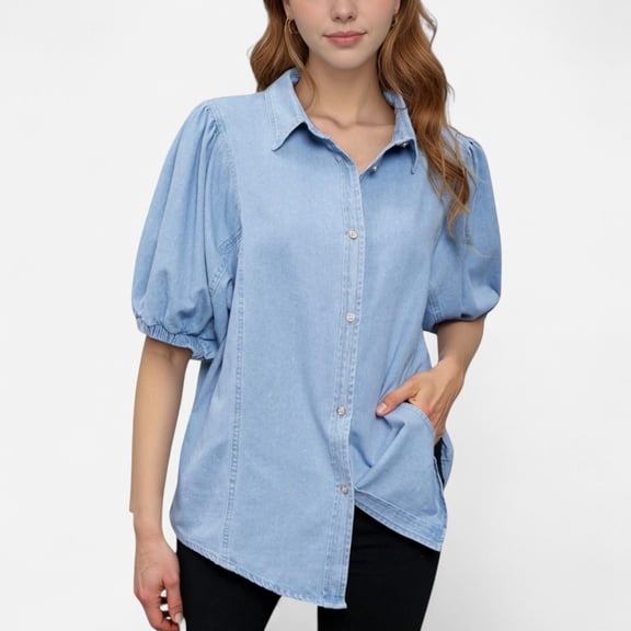 Women's Denim Button Down Shirt with Puff Elbow Sleeves and Relaxed Collared Fit - Small, Light Blue
