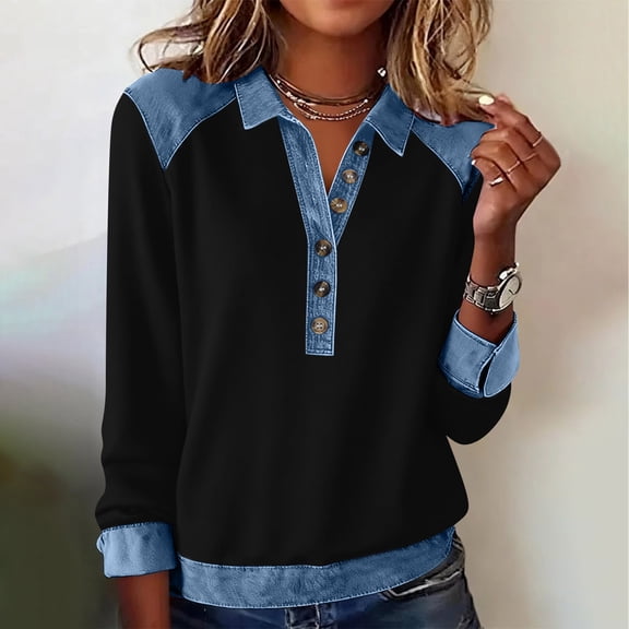Women's Denim Button Down Shirts Long Sleeve Casual Loose Jean Blouses Summer Vacation Tunic Tops Black L