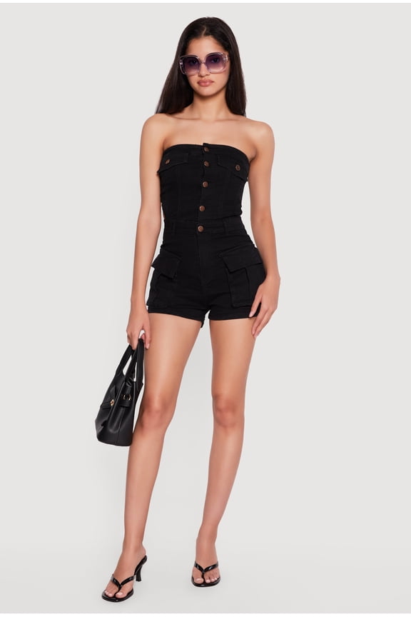 Women's Denim Button Front Cargo Pocket Romper