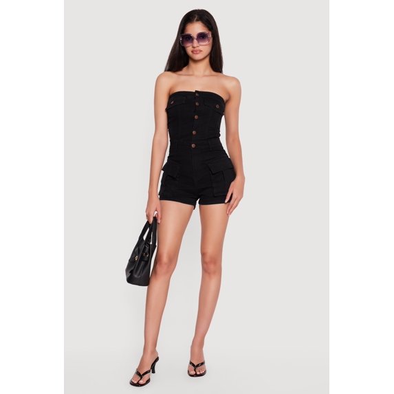 Women's Denim Button Front Cargo Pocket Romper