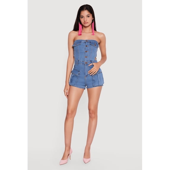 Women's Denim Button Front Cargo Pocket Romper