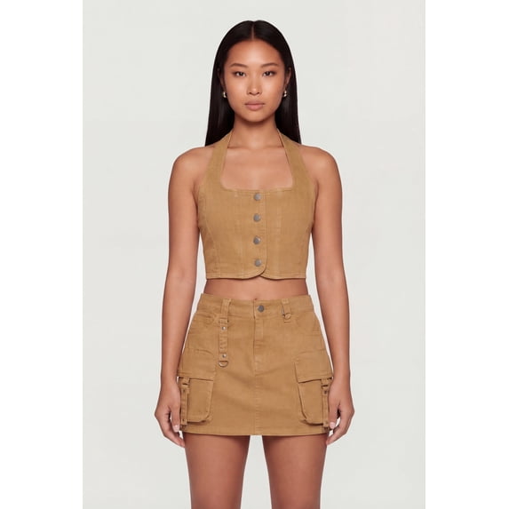 Women's Denim Button Front Cropped Halter Blazer Vest