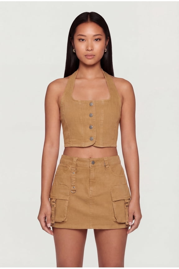 Women's Denim Button Front Cropped Halter Blazer Vest