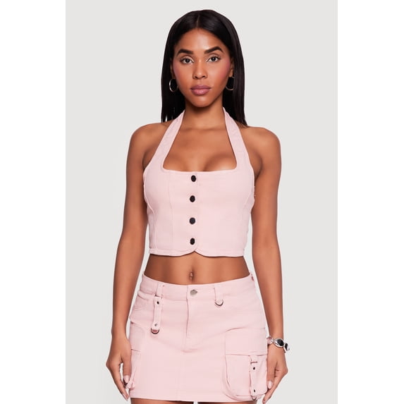 Women's Denim Button Front Cropped Halter Blazer Vest