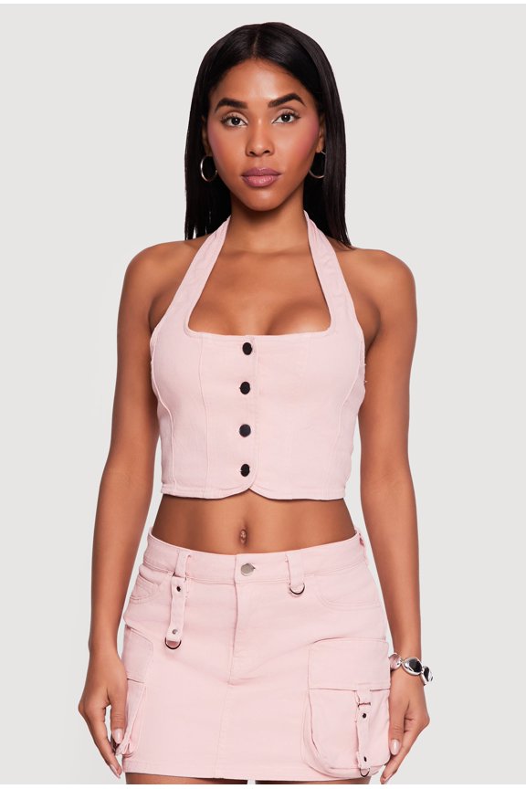 Women's Denim Button Front Cropped Halter Blazer Vest