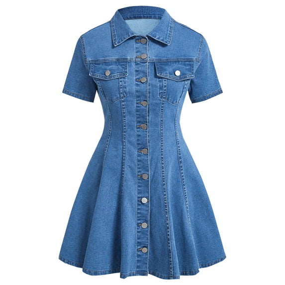 Women's Denim Button Front Midi Dress, Short Sleeve Collared Fit and Flare Dress