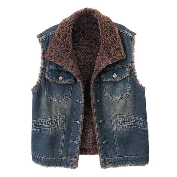 Women's Denim Button Front Vest, Fleece Lined Sleeveless Jacket, Warm Winter Outerwear, Casual Layering Piece, Soft Plush Inner Wear, Cold Weather Protection Blue L