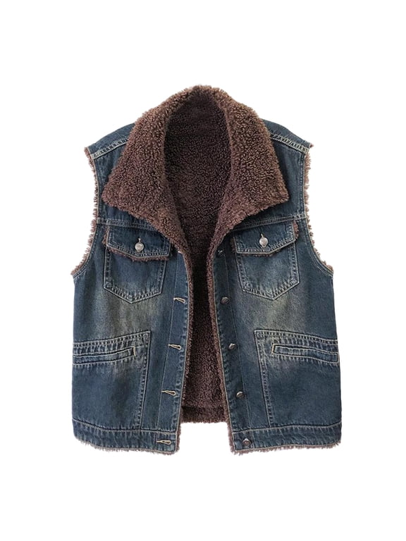 Women's Denim Button Front Vest, Fleece Lined Sleeveless Jacket, Warm Winter Outerwear, Casual Layering Piece, Soft Plush Inner Wear, Cold Weather Protection Blue S