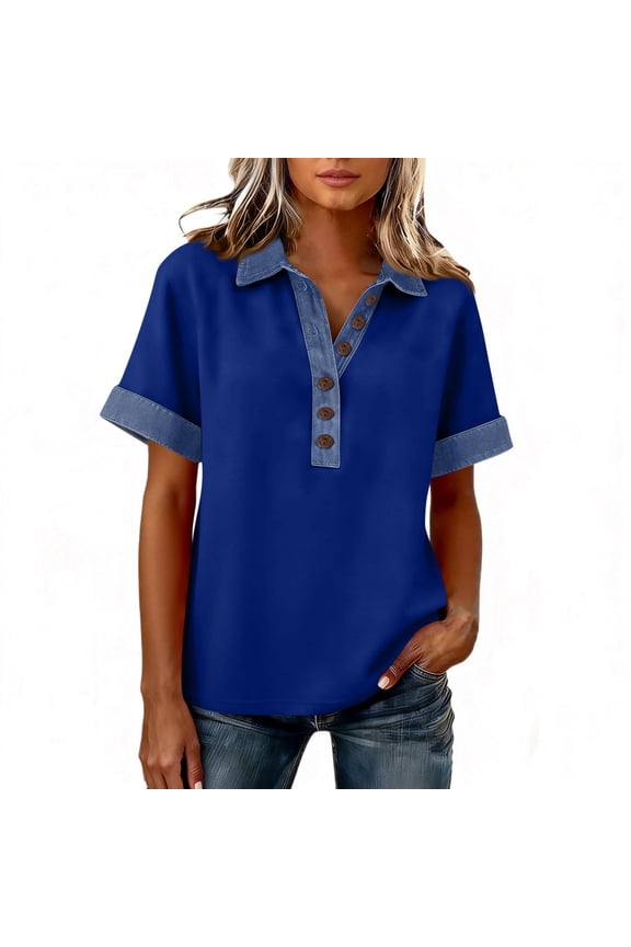 Women's Denim Button Up Shirts Lapel Collar V Neck Short Sleeve Casual Fashion Patchwork Blouses Blue S
