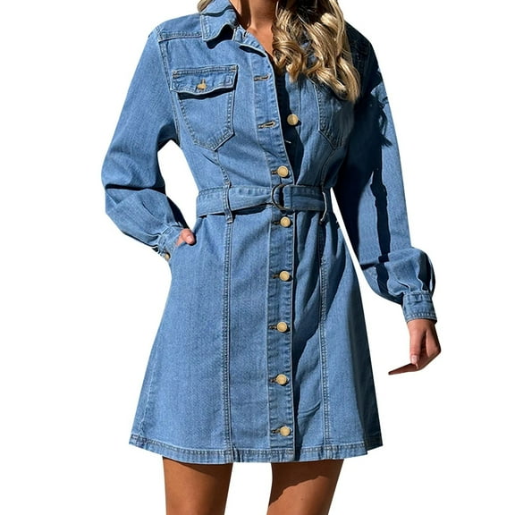 Women's Denim Buttoned Cardigan Dress - Belted Slim Fit, Long Sleeve, Casual/Office Style - S-XL Sizes, Multiple Colors