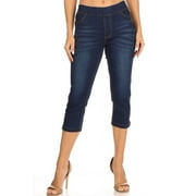 Women's Denim Capri Jeans Stretch Pull On Capris Pants Dark Blue Wash Regular & Plus Size