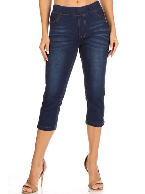 Women's Denim Capri Jeans Stretch Pull On Capris Pants Dark Blue Wash Regular & Plus Size