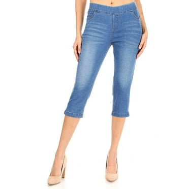 Women's Denim Capris Stretch Pull On Capri Jeans Blue Wash Size S-3XL