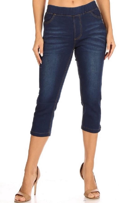 Women's Denim Capris Stretch Pull On Capri Jeans Dark Blue Wash, Size S-3XL