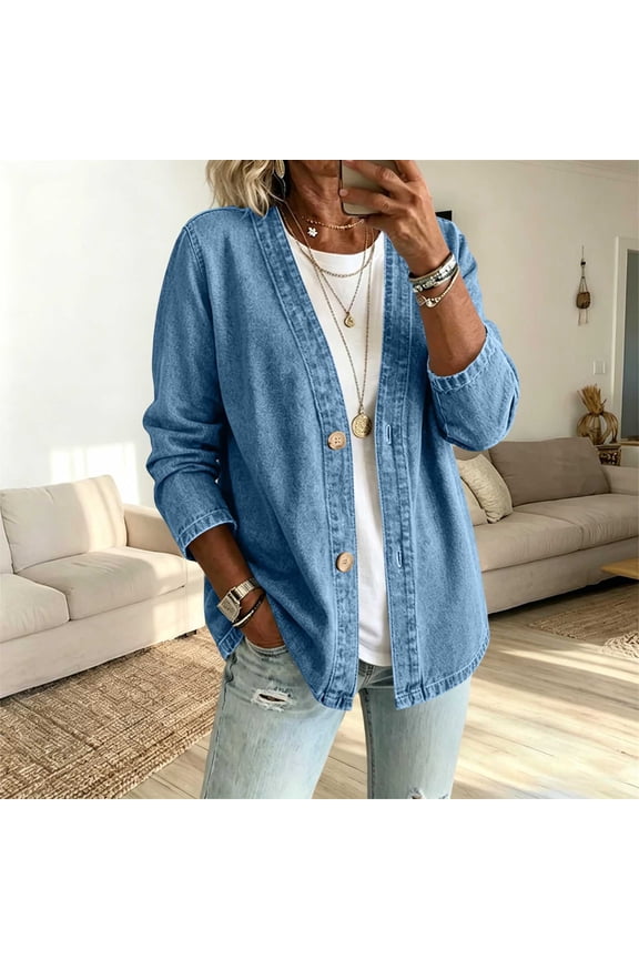 Women's Denim Cardigan Vintage Washed V Neck Button Open Front 3/4 Sleeve Casual Loose Jackets Blue Dress Cardigan for Women XL