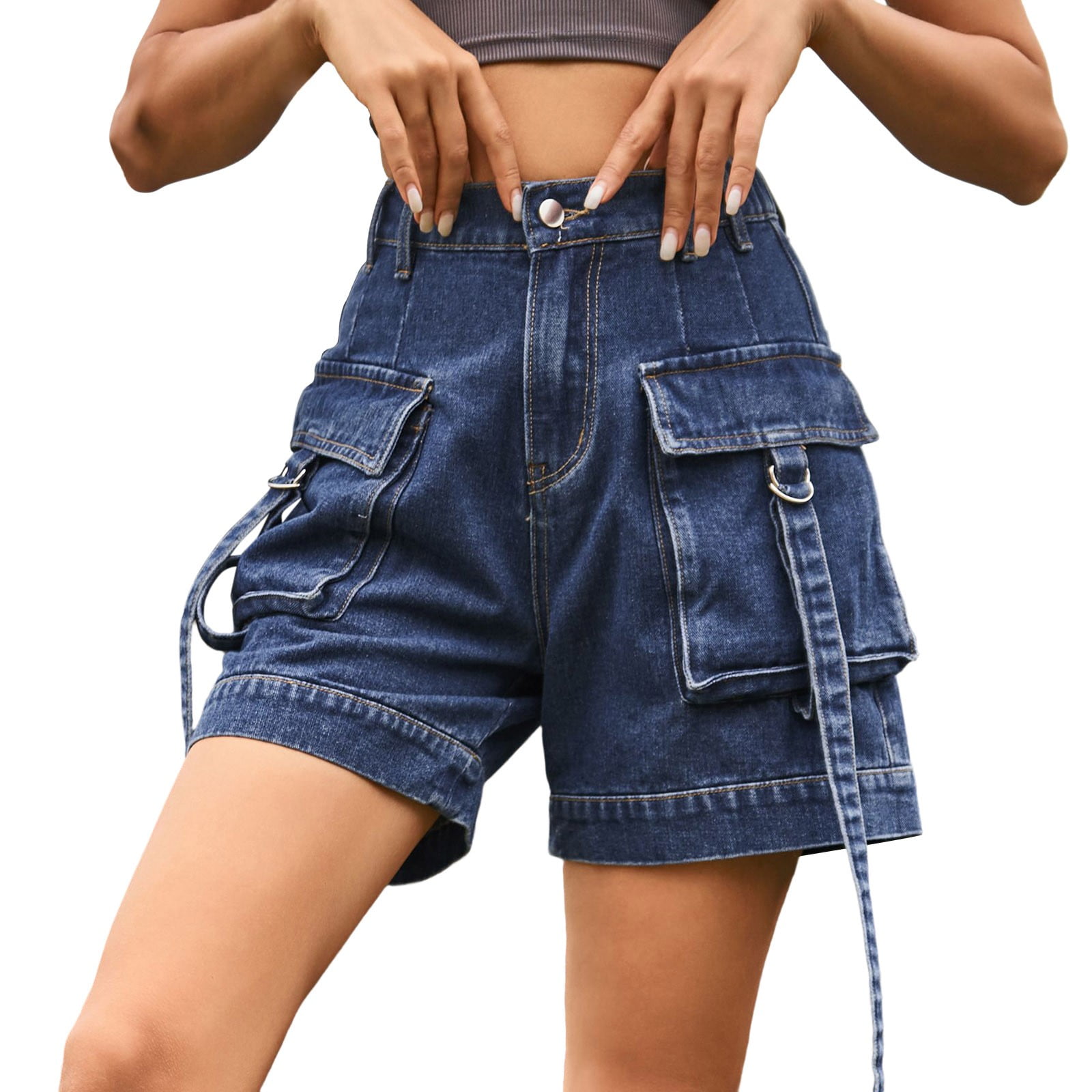 Fashion Women Pocket Cargo Shorts Hot Pants Slim Mini High Waist Denim  Trousers 