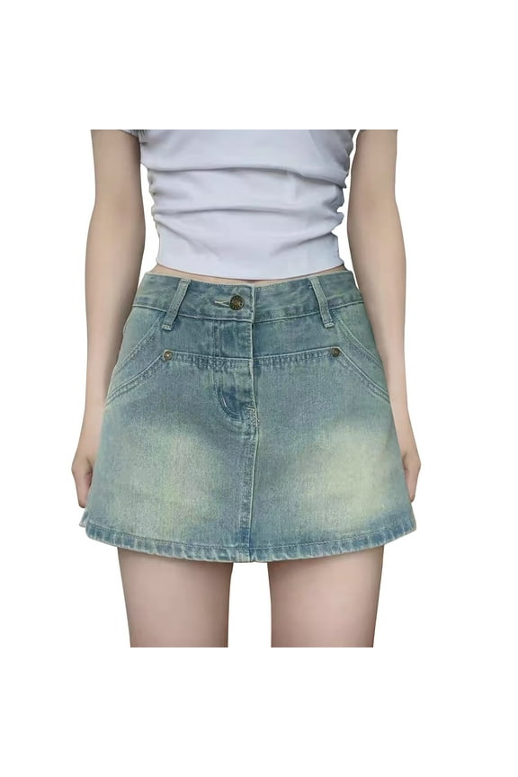 Women's Denim Cargo Skort High Waisted with Built-in Shorts Stretchy Summer Mini Skirt with Pockets & Button