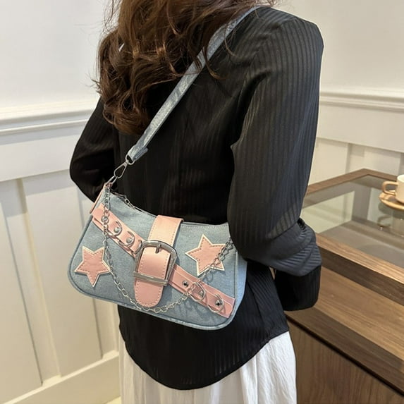 Women's Denim Chain Shoulder Bag - Lightweight Tote Purse with Adjustable Strap, 24.5x15x6cm, Blue & Light Blue, Casual Crossbody Handbag for Work & Travel