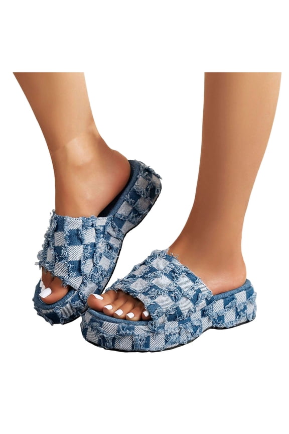 Women's Denim Cloth Checkered Pattern Platform Slides Vintage Thread Edge Open Toe Slip On Comfortable Non Slip Boho Sandals Blue Size 8