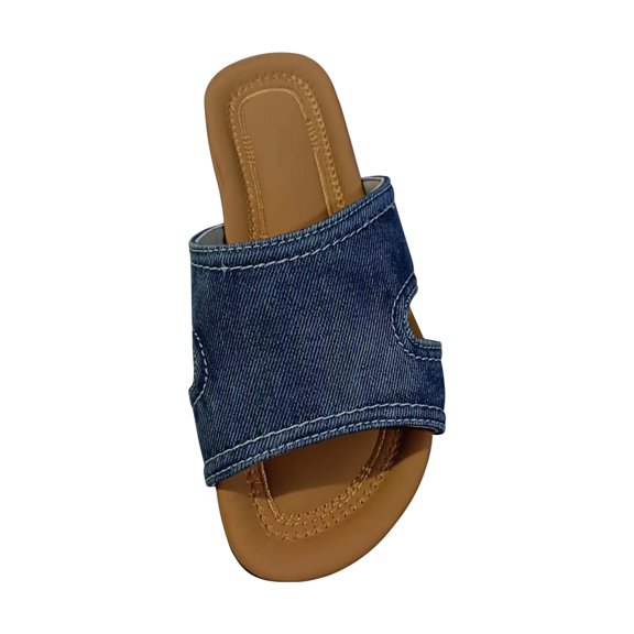 Women's Denim Cloth Flat Slide Slippers Non-Slip Open Toe Slip-On Beach Mule Sandals, Casual Wedding Walking Slide