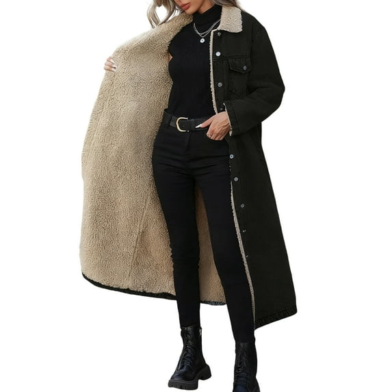Women's Denim Coat Winter Warm Long Fleece Lined Coat Trendy Casual Oversized Loose Outerwear Long Sleeve Relaxed Fit Warm Lining Cowboy coat