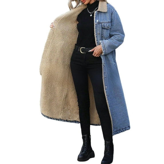 Women's Denim Coat Winter Warm Long Fleece Lined Coat Trendy Casual Oversized Loose Outerwear Long Sleeve Relaxed Fit Warm Lining Cowboy coat